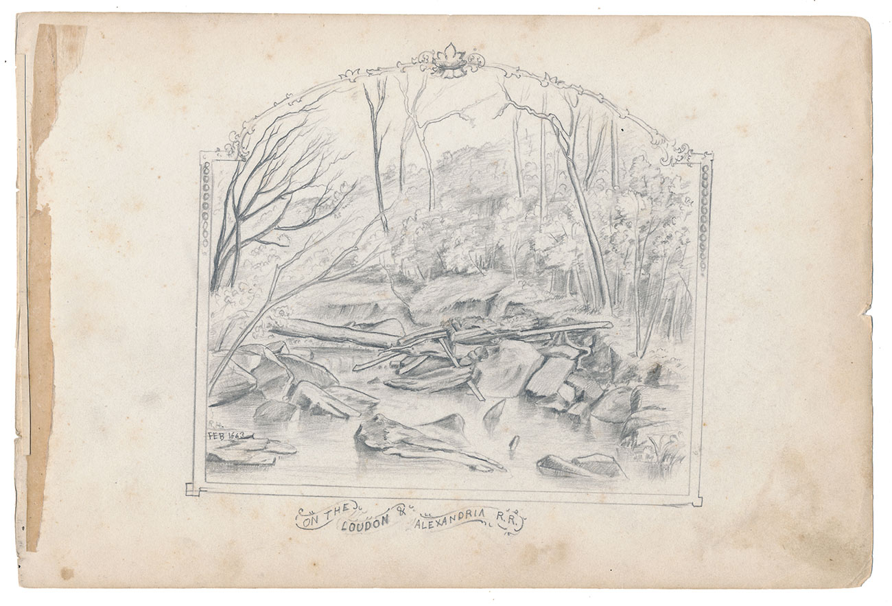 SKETCHES IN VIRGINIA BY RICHARD HOLLAND, 9TH MASSACHUSETTS LIGHT ARTILLERY – “ON THE LOUDON & ALEXANDRIA R.R.”, FEBRUARY, 1863