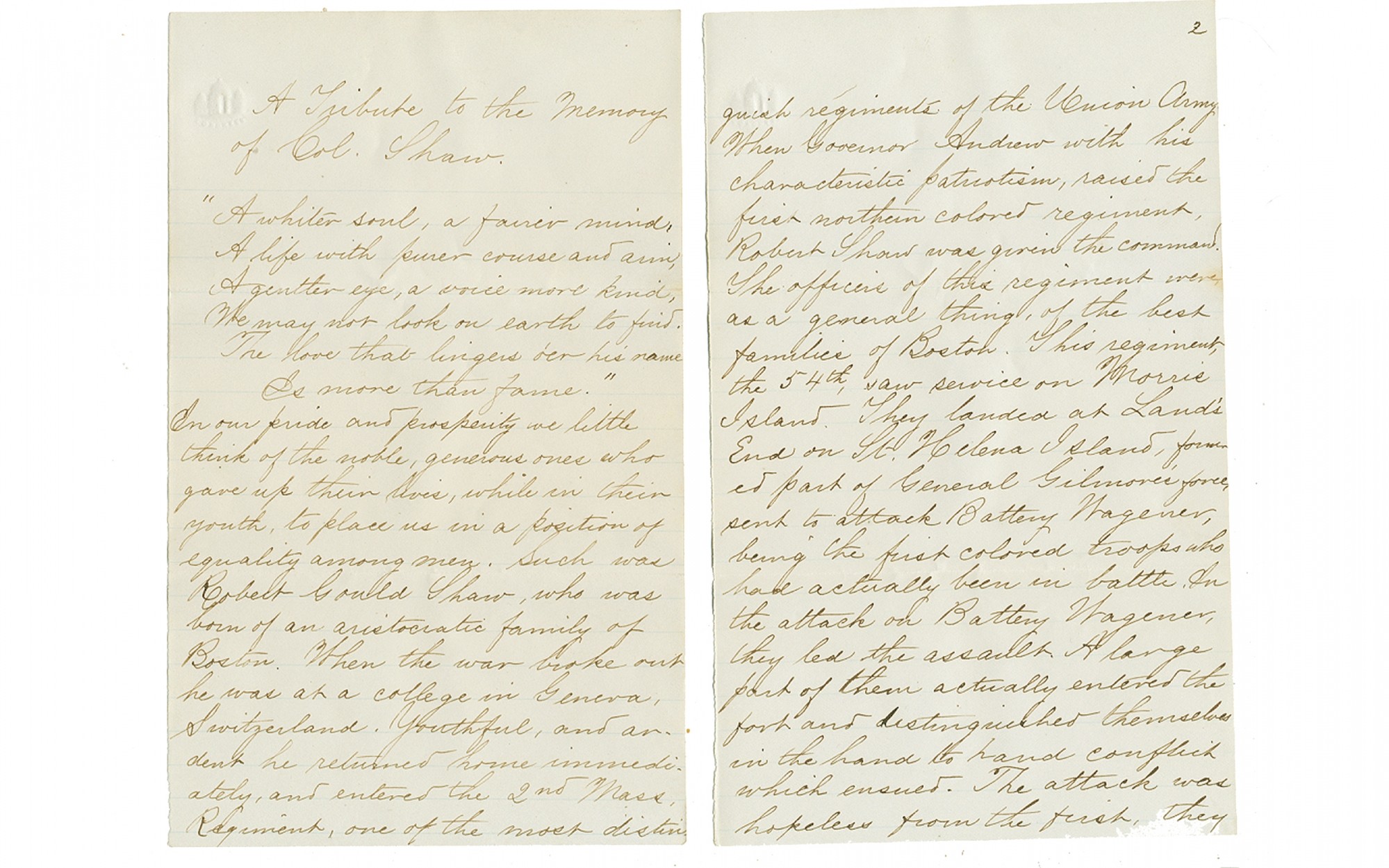 1872 HANDWRITTEN “TRIBUTE TO THE MEMORY OF COL. [ROBERT GOULD] SHAW”
