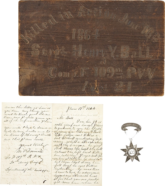 TRAGIC AND HISTORIC GROUPING PERTAINING TO SERGEANT HENRY (HARRY) Y. BALL, 109TH PENNSYLVANIA VOLUNTEERS 