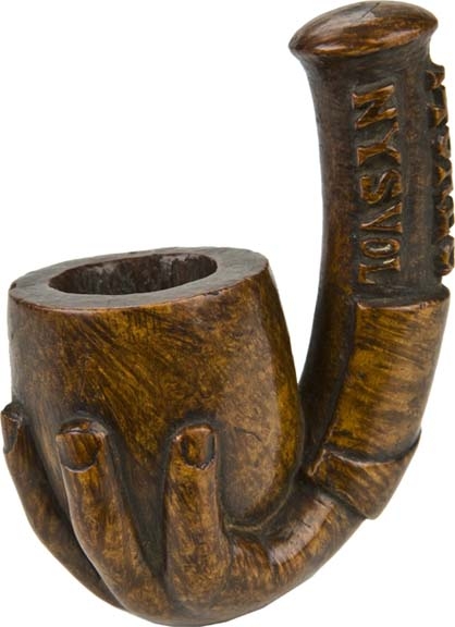 EXPERTLY HANDCARVED BURL WOOD FOLK ART PIPE ID'D TO JAMES CARSON, 140TH NEW YORK INFANTRY