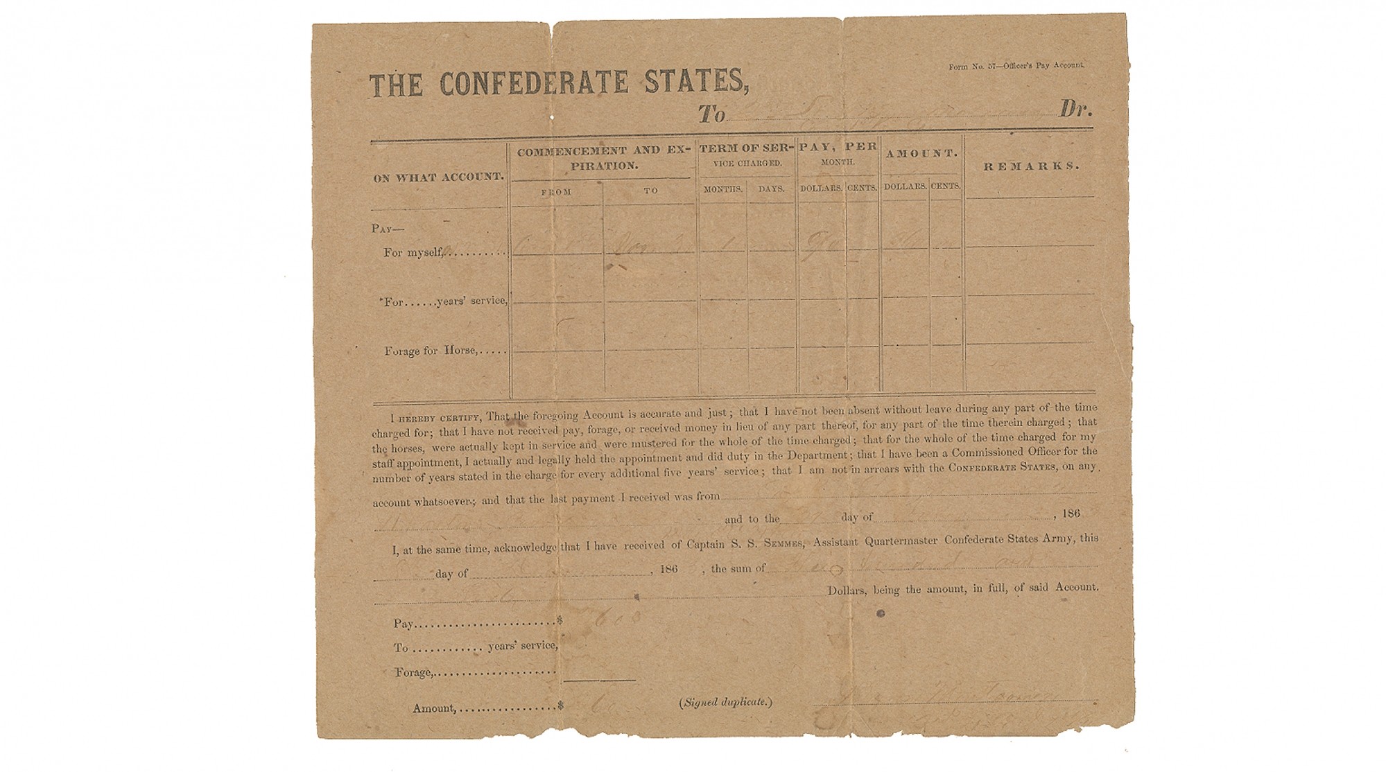 CONFEDERATE STATES OFFICERS PAY VOUCHER - 2nd LIEUTENANT J. B. MONTGOMERY, CO. 