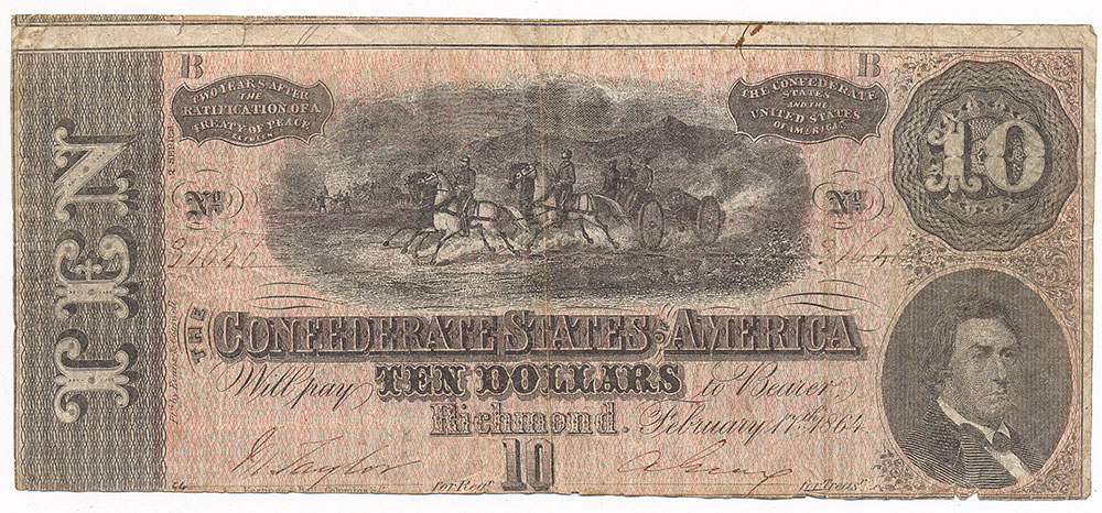TEN DOLLAR CONFEDERATE RICHMOND NOTE – DATED 1864 WITH UNIQUE CAMPAIGN STAMPING ON REVERSE