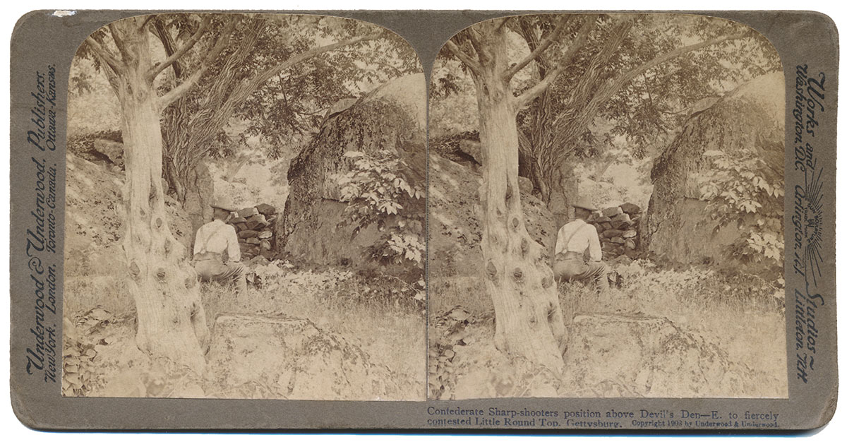 RARE UNDERWOOD STEREOVIEW – FAMOUS SHARPSHOOTER POSITION AT DEVIL’S DEN