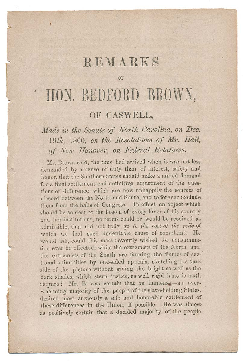 PAMPHLET ON SPEECH OF NORTH CAROLINA STATE SENATOR - DECEMBER 19, 1860