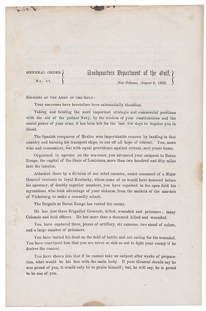 GENERAL ORDERS NO. 57—MAJOR GEN. BUTLER / DEPARTMENT OF THE GULF / BATTLE OF BATON ROUGE