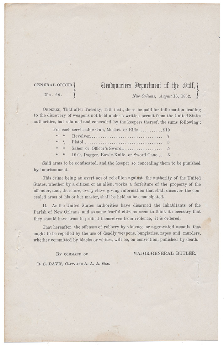 GENERAL ORDERS NO. 60—MAJOR GEN BUTLER / DEPARTMENT OF THE GULF / DEATH PENALTY WARNING