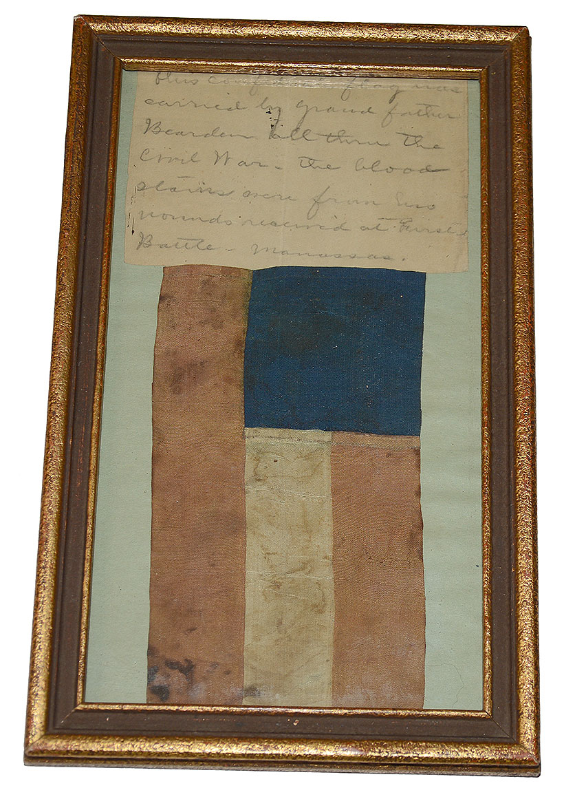 IDENTIFIED AND BLOODSTAINED PERSONAL FIRST NATIONAL CONFEDERATE FLAG WORN AT FIRST MANASSAS BY WILLIAM BEARDEN, 8th GEORGIA, WIA