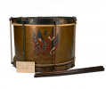 UNITED CONFEDERATE VETERANS PAINT-DECORATED DRUM- C.S. NATIONAL FLAGS, SHIELD, LIBERTY CAP; MOUNTED WITH PHOTO OF DRUMMER; WITH DRUMSTICKS