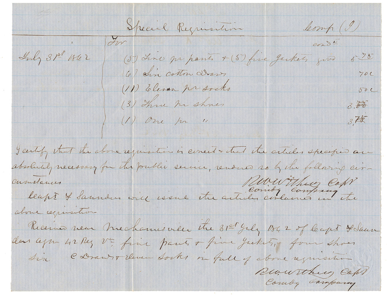 CONFEDERATE REQUISITION DOCUMENT – 42ND VIRGINIA