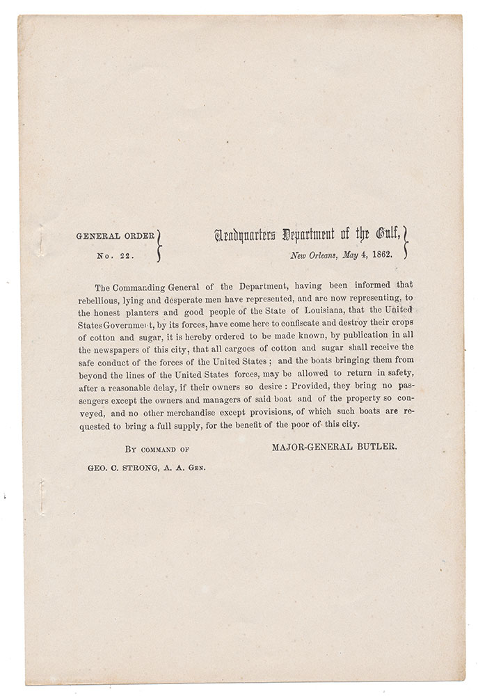 GENERAL ORDERS NO. 22—MAJOR GEN. BUTLER / DEPARTMENT OF THE GULF / COTTON TRANSPORT