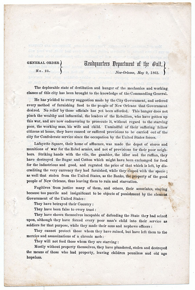 GENERAL ORDERS NO. 25—MAJOR GEN. BUTLER DEPARTMENT OF THE GULF / CIVILIAN DESTITUTION