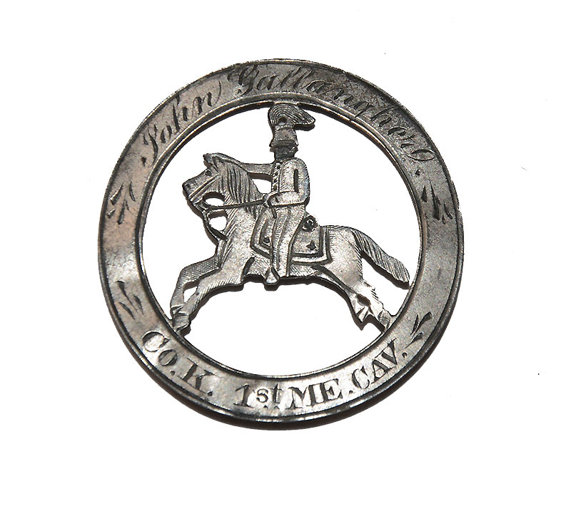 SILVER IDENTIFICATION PIN WITH SILHOUETTE OF HORSE AND RIDER – IDENTIFIED TO 1ST MAINE CAVALRY TROOPER