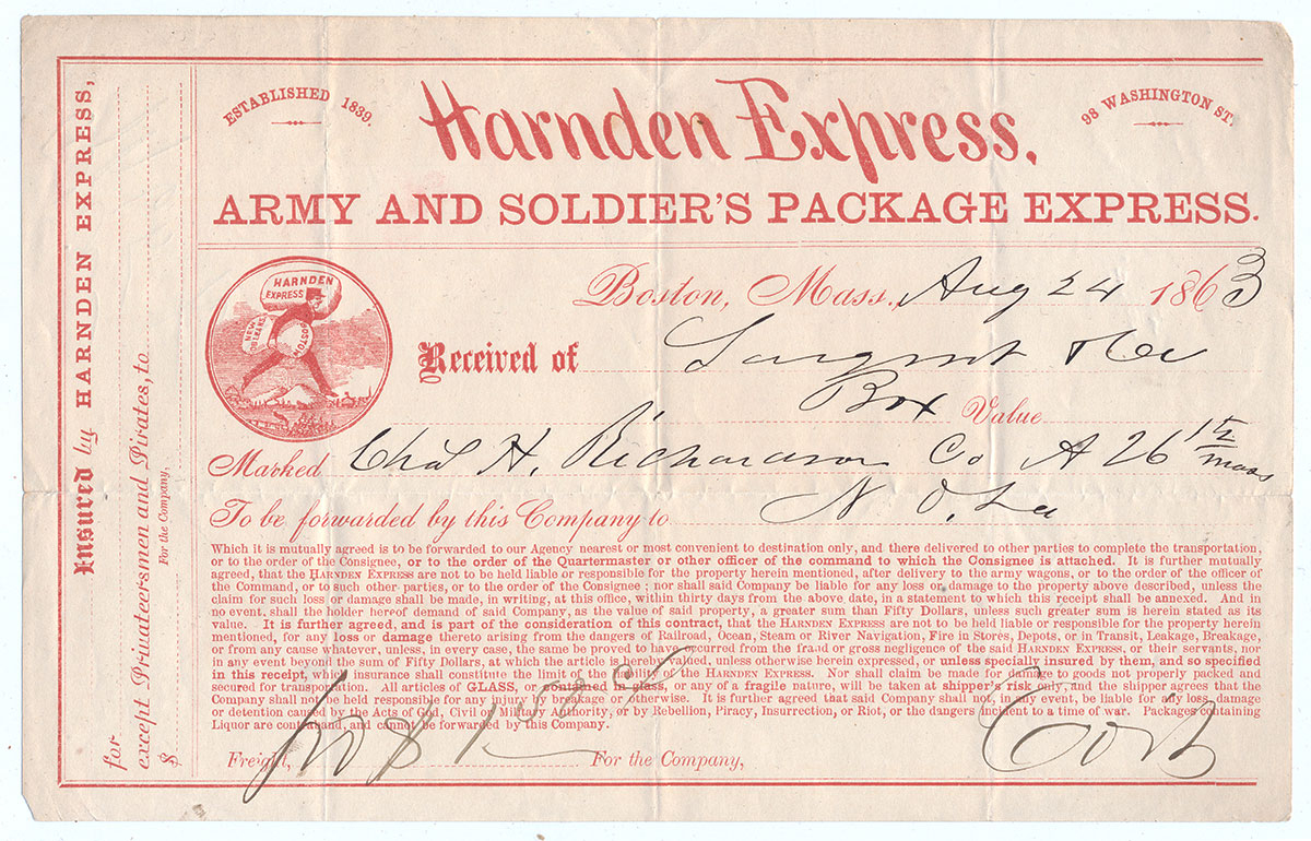 HARNDEN EXPRESS, ARMY AND SOLDIER’S PACKAGE EXPRESS RECEIPT – CHARLES A. RICHARDSON, 26TH MASSACHUSETTS