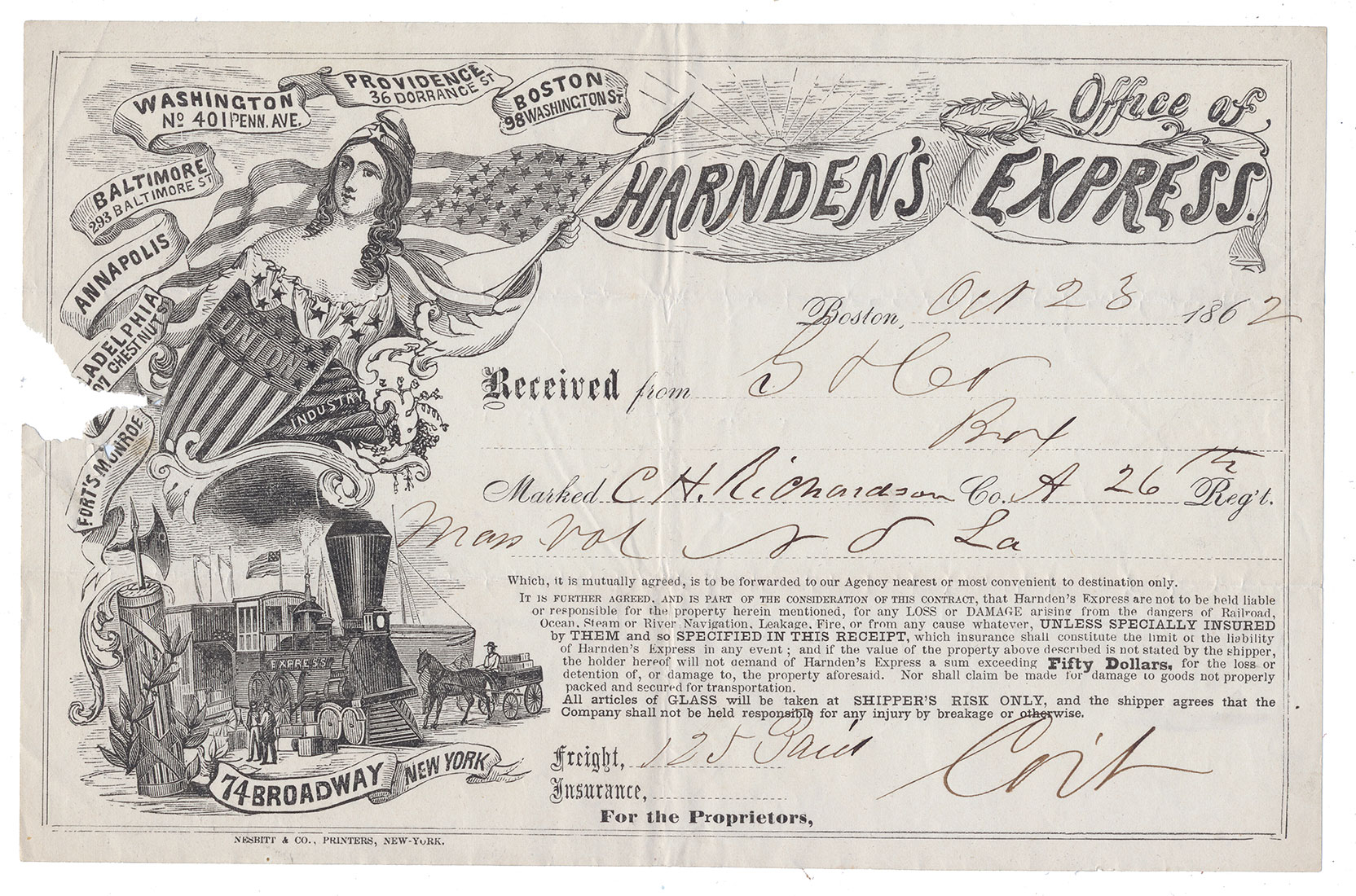 HARNDEN’S EXPRESS RECEIPT—2ND LIEUT. CHARLES HENRY RICHARDSON, CO. “A”, 26TH MASS. INFY.