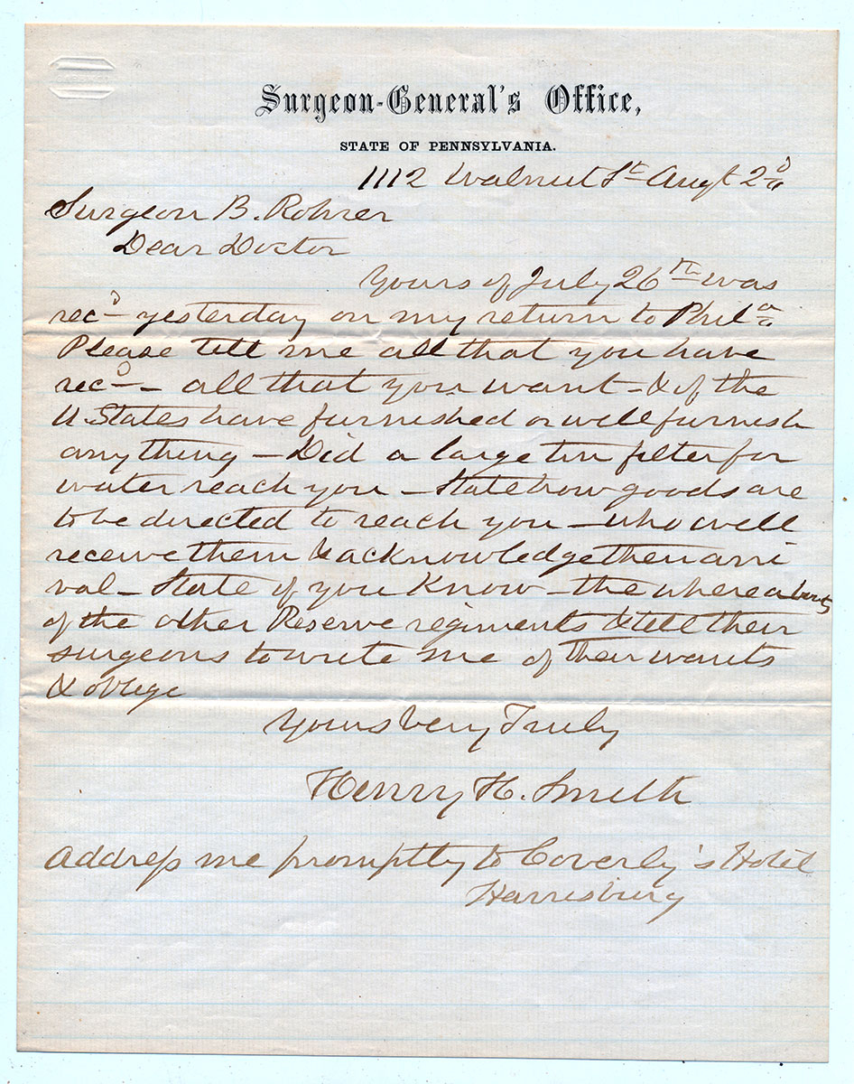 AUGUST 1861 PENNSYLVANIA SURGEON-GENERAL’S OFFICE LETTER & COVER