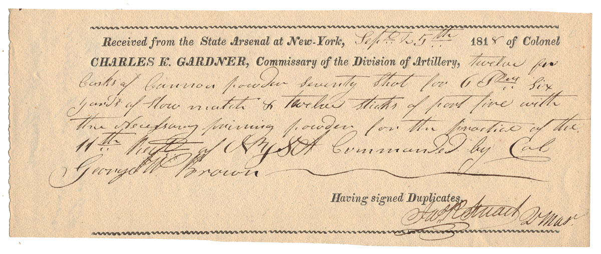 1818 RECEIPT FROM NEW YORK STATE ARSENAL TO 11TH NEW YORK STATE ARTILLERY