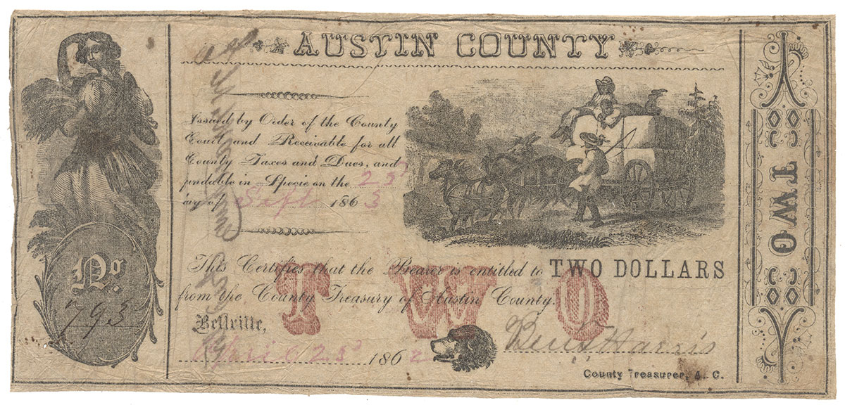 AUSTIN COUNTY, TEXAS TWO-DOLLAR NOTE FROM 1862