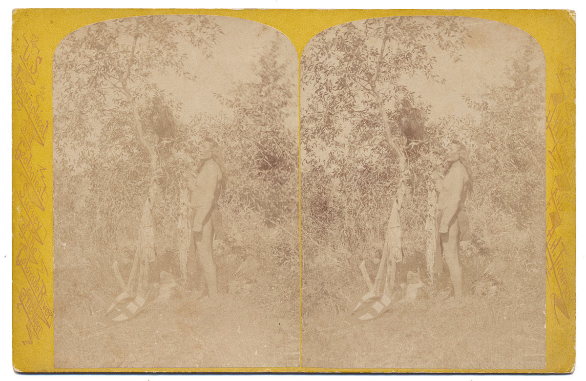 LARGER STEREO CARD – INDIANS OF THE COLORADO VALLE,  UTAH - U.S. SURVEY PHOTO, “Nau-no-kwits and his Eagle.”