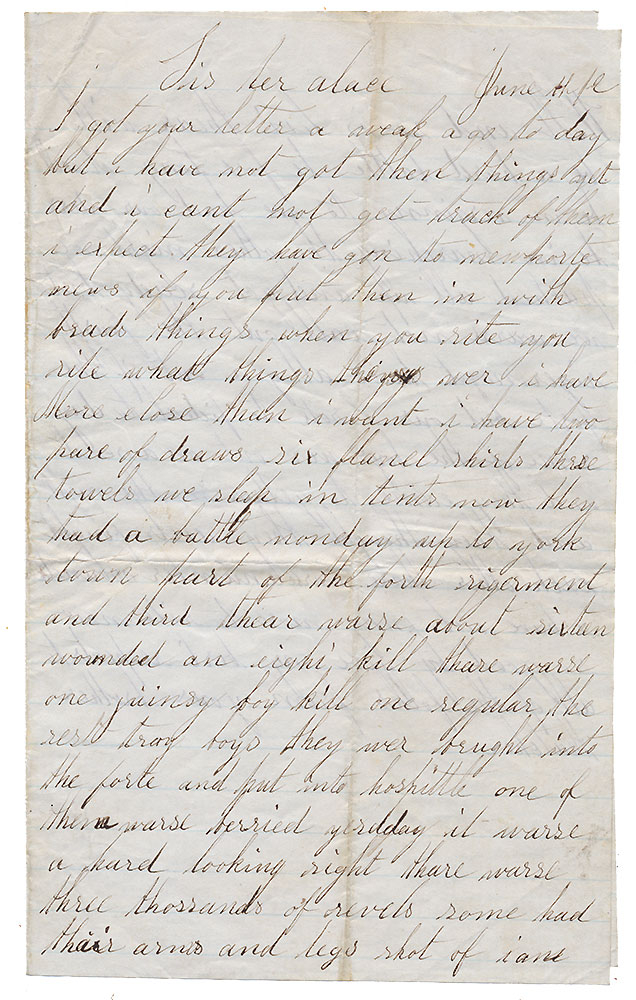 UNION SOLDIER LETTER / YORKTOWN 1862--FROM “THATCHER” TO SISTER ALICE