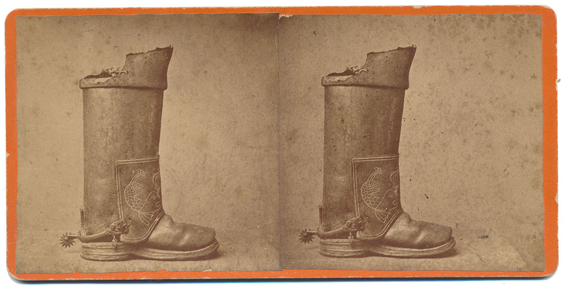 STEREOVIEW CARD – BRITISH OFFICER’S BOOT FROM FIELD OF BATTLE, REVOUTIONARY WAR