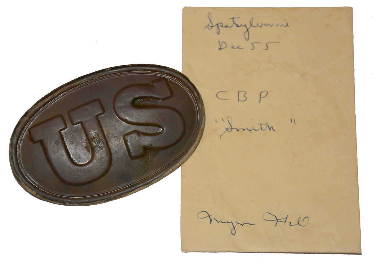 W.H. SMITH MARKED US CARTRIDGE BOX PLATE RECOVERED BY SYD KERKSIS AT MYER’S HILL SPOTSYLVANIA IN DECEMBER 1955 