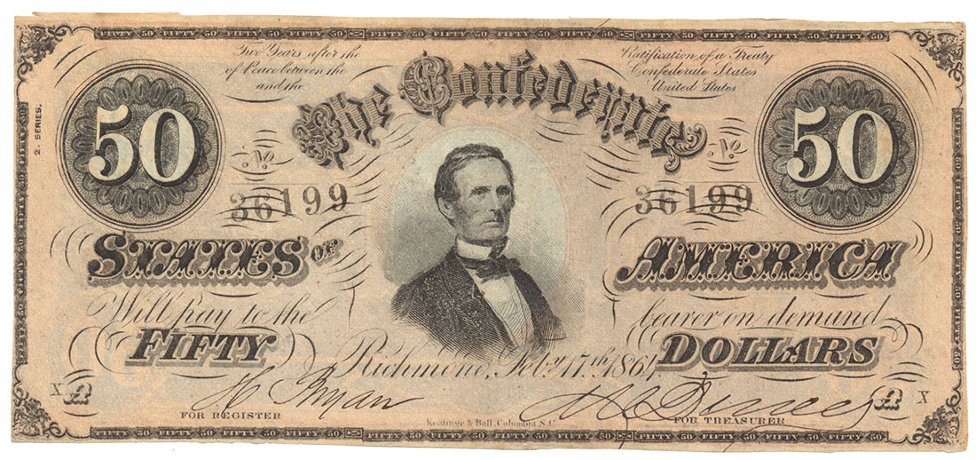 1864 CSA T-66 $50 NOTE FEATURING JEFFERSON DAVIS