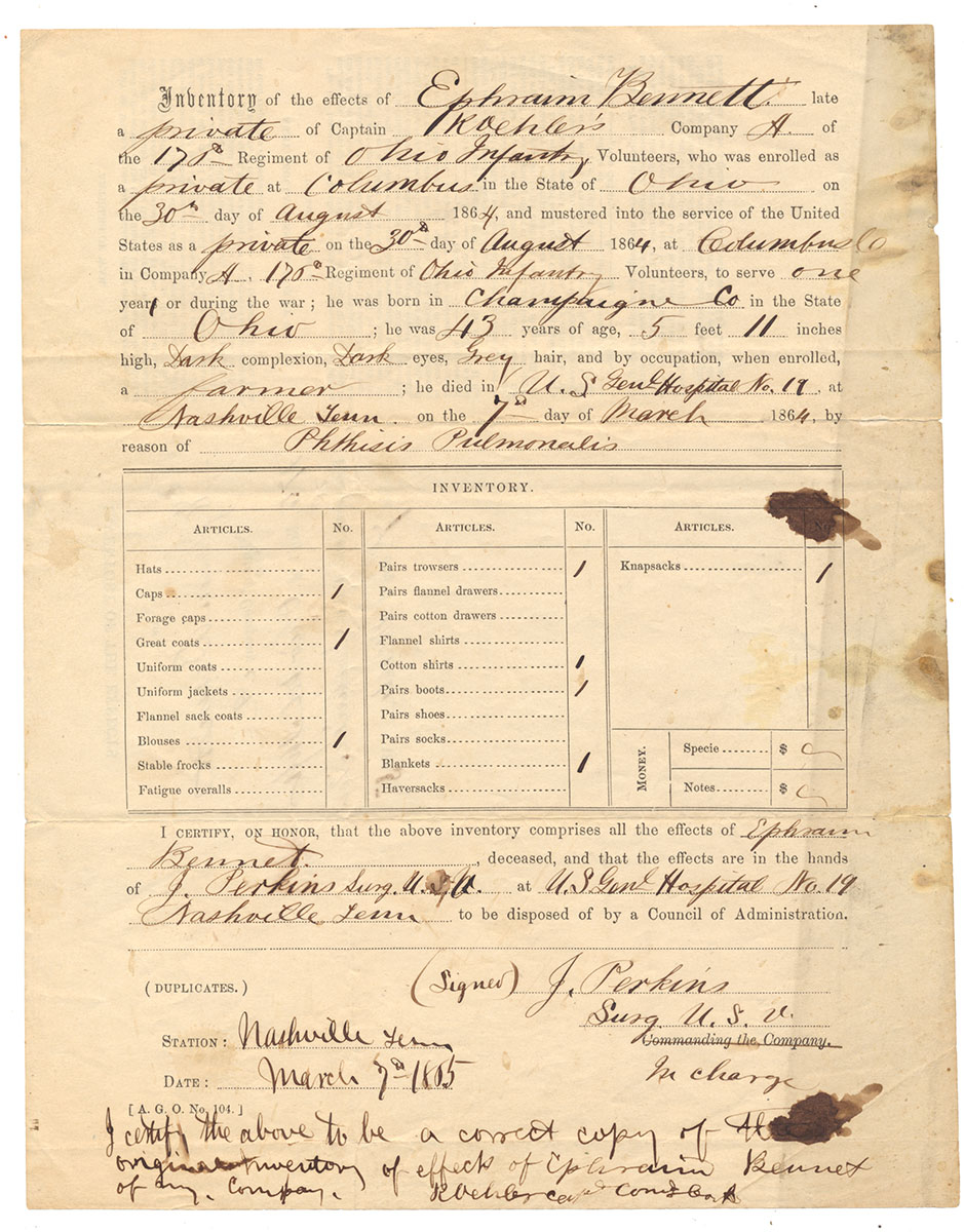INVENTORY OF EFFECTS – 176th OHIO PRIVATE, DIED OF DISEASE – NASHVILLE