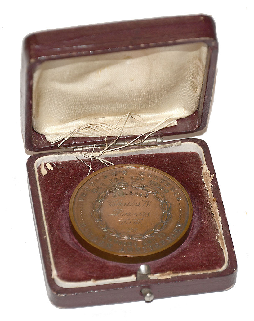 FIFTIETH ANNIVERSARY TABLE MEDAL WITH CASE FOR SERVICE IN 9th NYSM, 83rd NY VOLUNTEERS, INSCRIBED TO CHARLES W. DOWERS, COMPANY C