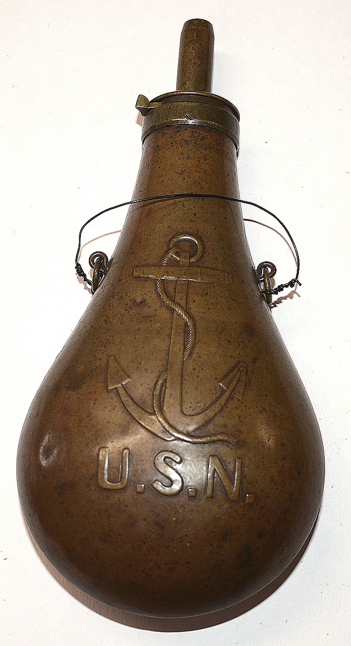 SCARCE STIMPSON CONTRACT US NAVY FOULED-ANCHOR POWDER FLASK DATED AND INSPECTED 1845 