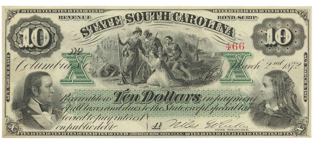 MINTY STATE OF SOUTH CAROLINA $10 BOND FROM 1872