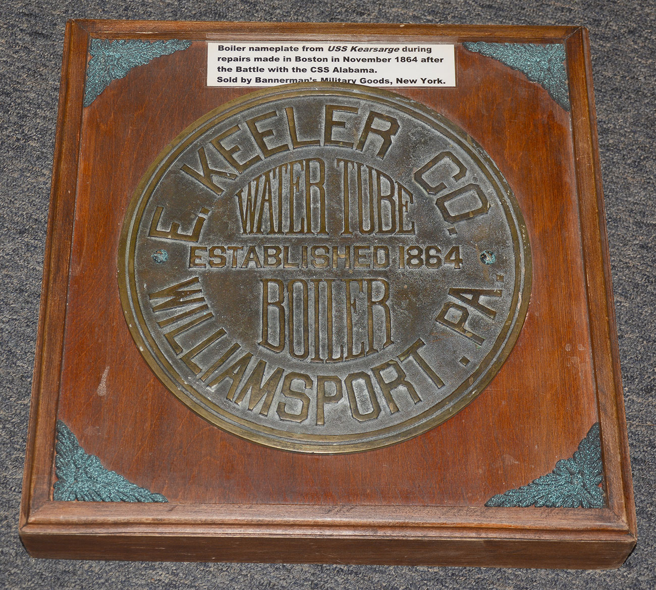 MAKER’S PLATE FROM THE BOILER OF THE USS KEARSARGE, EX-FRANCIS BANNERMAN