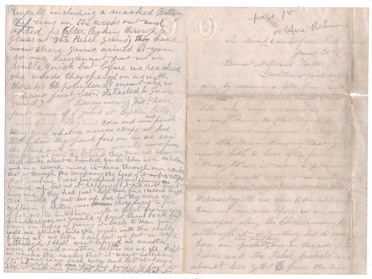 UNION SOLDIER LETTER - PRIVATE ALBERT A. TRESCOTT, BATTERY “E”, 1ST RHODE ISLAND LIGHT ARTILLERY