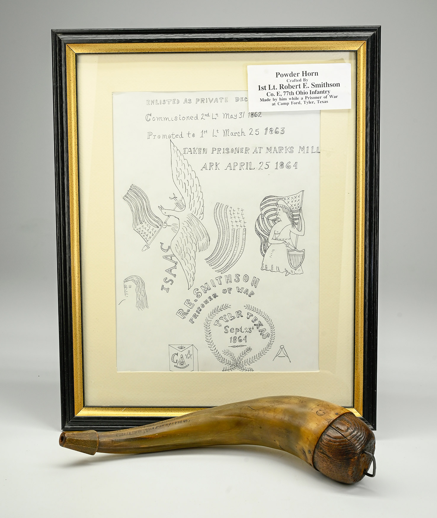 CIVIL WAR PRISONER OF WAR CAMP ART: CARVED POWDER HORN OF LT. ROBERT E. SMITHSON, 77TH OHIO, CARVED WHILE PRISONER AT TYLER TEXAS, SEPTEMBER 1863