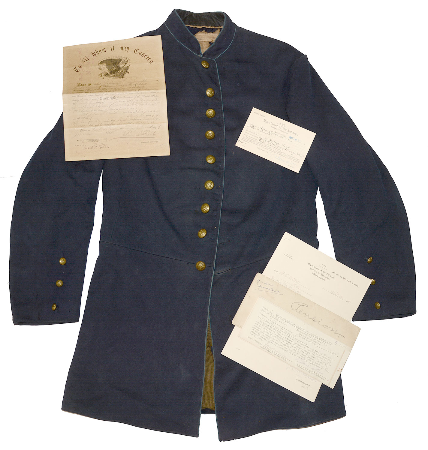 18th CONNECTICUT IDENTIFIED ENLISTED INFANTRYMAN’S FROCK COAT WITH DISCHARGE, PENSION PAPERS, ETC. 