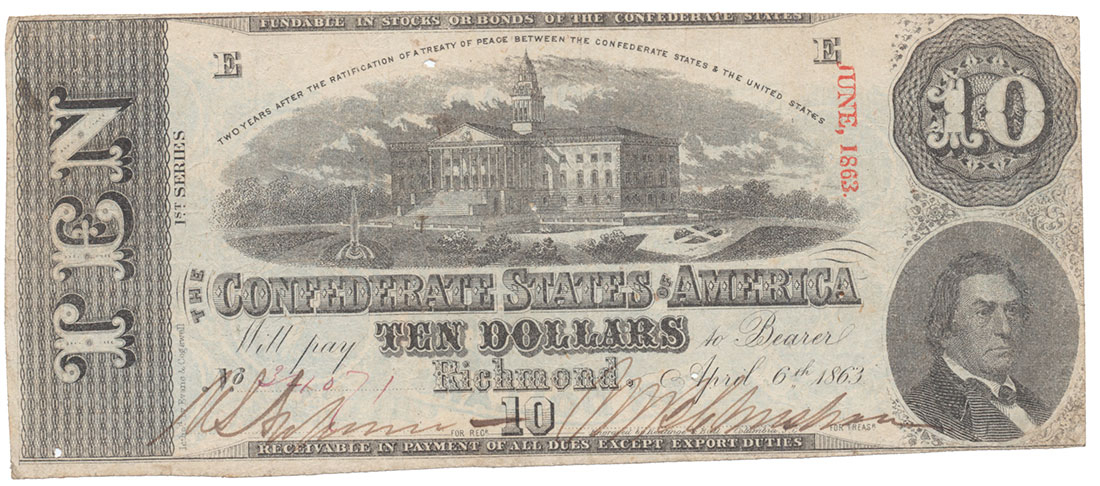 1863 CSA T-53 $5 NOTE FEATURING STATE CAPITOL, RICHMOND