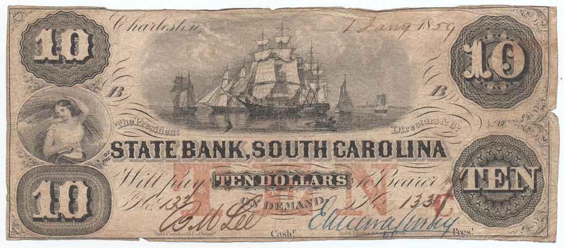 BANK OF SOUTH CAROLINA 1859 $10 NOTE