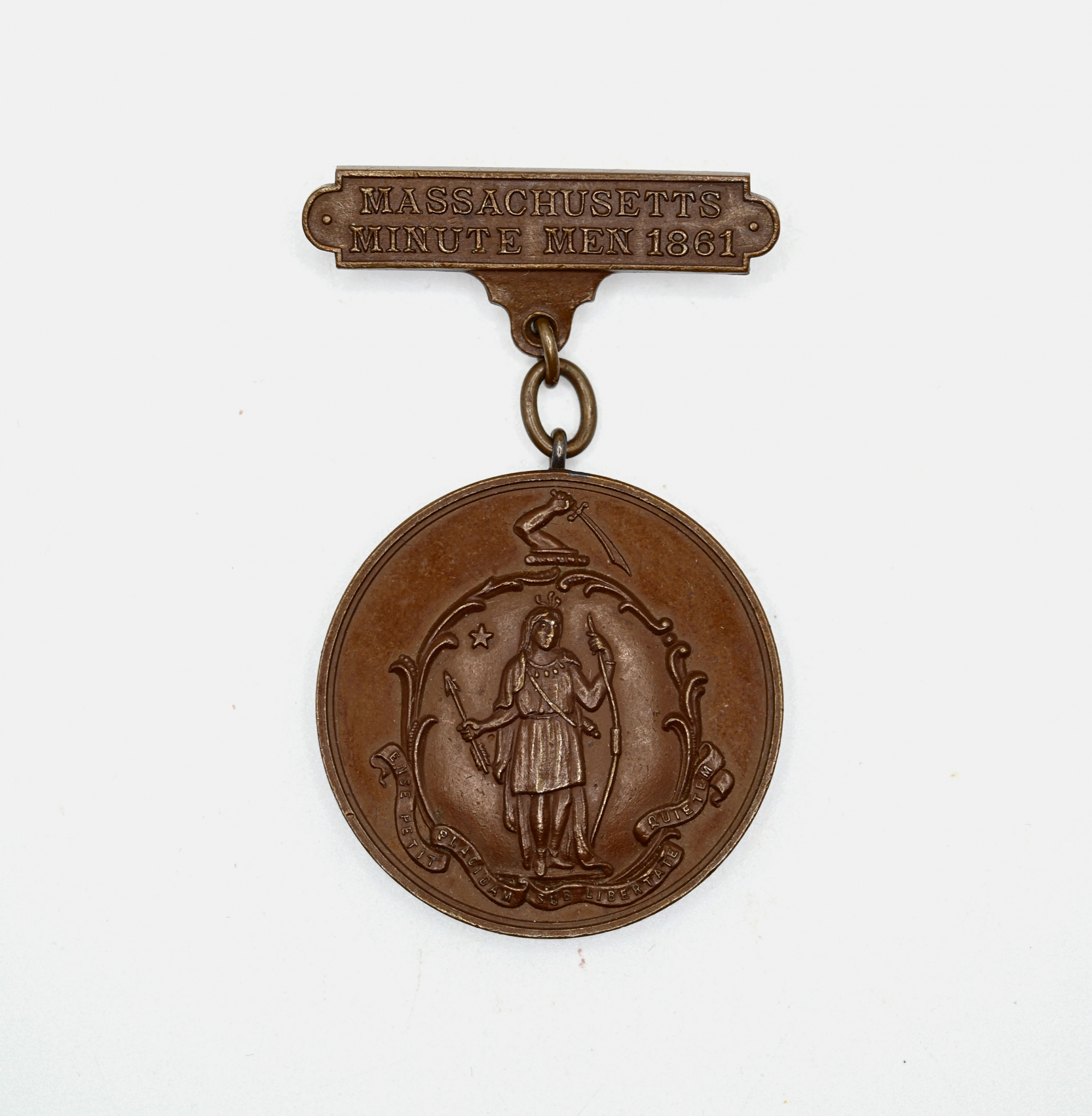 MASSACHUSETTS MINUTEMAN MEDAL OF CHARLES D. BACON 4th MASS INF, 1st & 4th MASS CAV: SHOWN WEARING THE MEDAL IN THE MINUTEMEN OF 1861 ROSTER