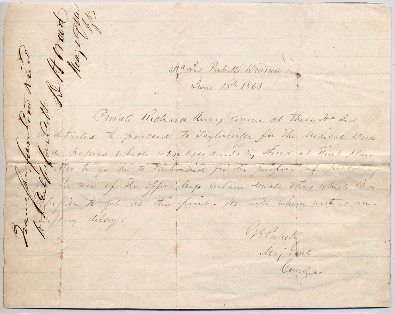 CONFEDERATE PASS SIGNED BY GEN. GEORGE PICKETT DURING THE GETTYSBURG CAMPAIGN; ALSO SIGNED BY MOXLEY SORREL (LONGSTREET’S AAG) AND WALTER TAYLOR (LEE’S AAG)