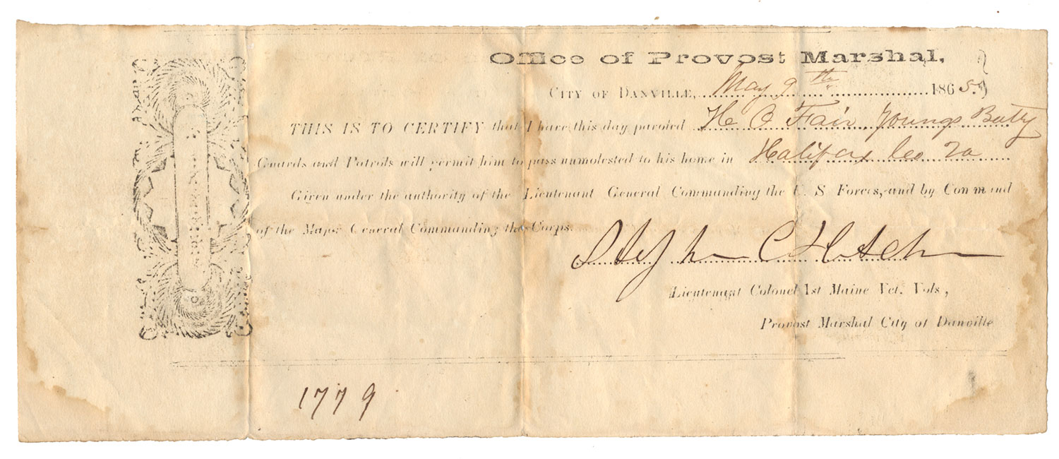 DANVILLE, VA, CONFEDERATE PAROLE – YOUNG’S BATTERY- HALIFAX LIGHT ARTILLERY