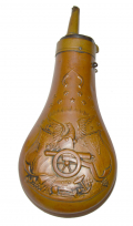 AMERICAN CAP & FLASK CO. “COAT OF ARMS” PATTERN POWDER FLASK
