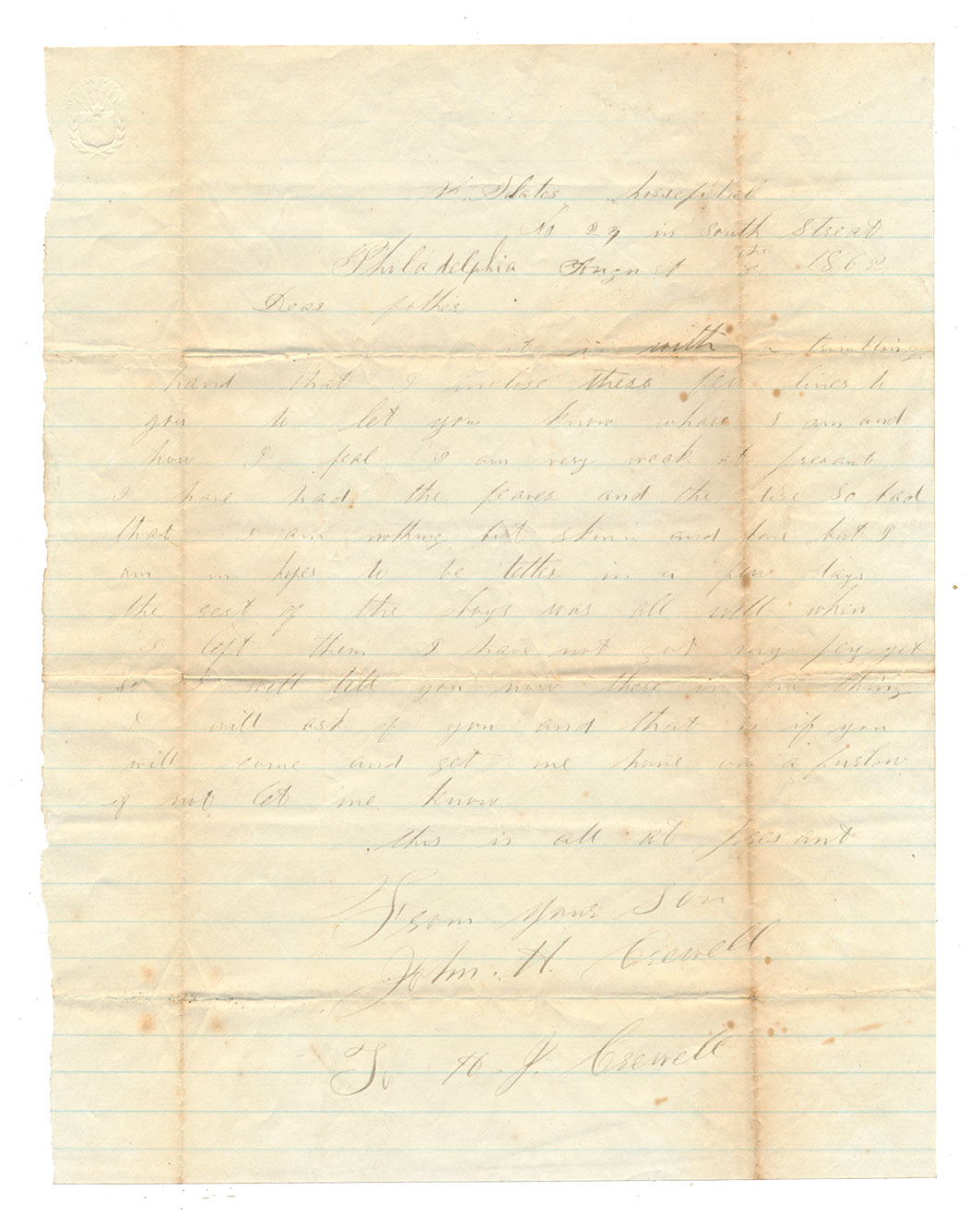 AUGUST, 1862 LETTER FROM JOHN H. CREWELL, 34th NEW YORK;  DIED OF DISEASE 2 WEEKS LATER