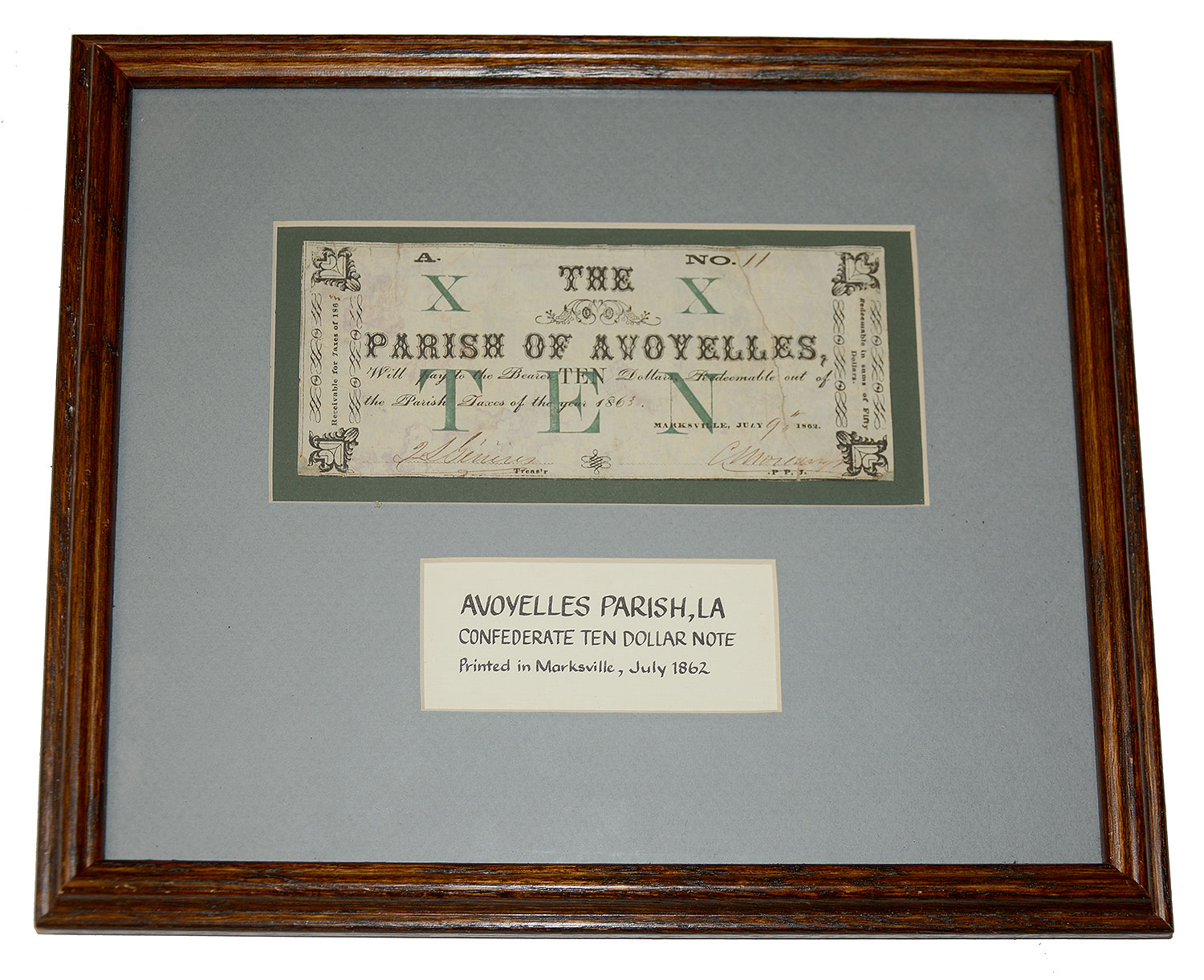 FRAMED $10 NOTE, AVOYELLES PARISH, LOUISIANA, 1862 – GREG COCO COLLECTION
