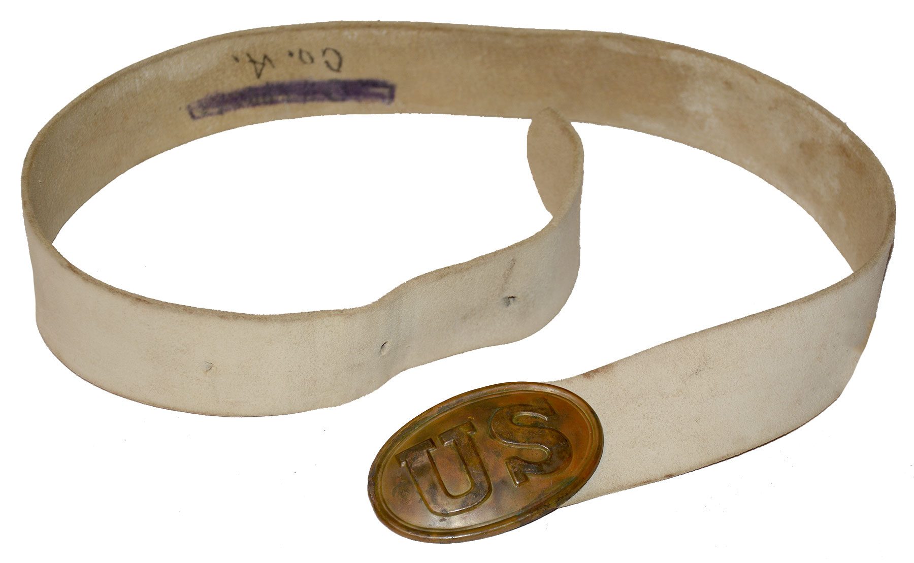 1839 PATTERN U.S. INFANTRY WAIST BELT PLATE ON A WHITE BUFF LEATHER BELT