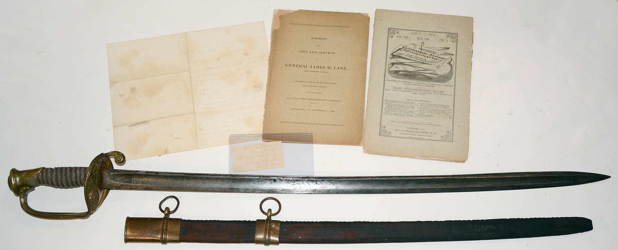 INSCRIBED PRESENTATION SWORD OF COLONEL, LATER GENERAL JAMES H. LANE: THREE TIMES WOUNDED; SERVED FROM BIG BETHEL TO APPOMATTOX, INCLUDING PICKETT’S CHARGE 