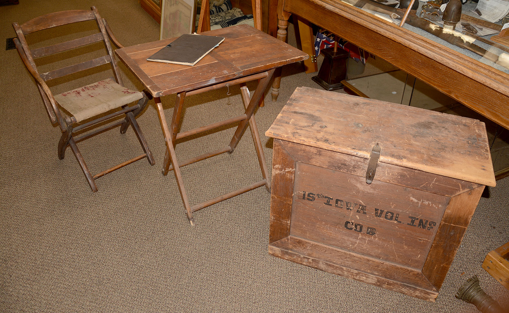 FIELD DESK, TABLE AND CAMP CHAIR-USED BY CAPTAIN CHRISTIAN LANSTRUM-CO. B, 15TH IOWA REGEMENT