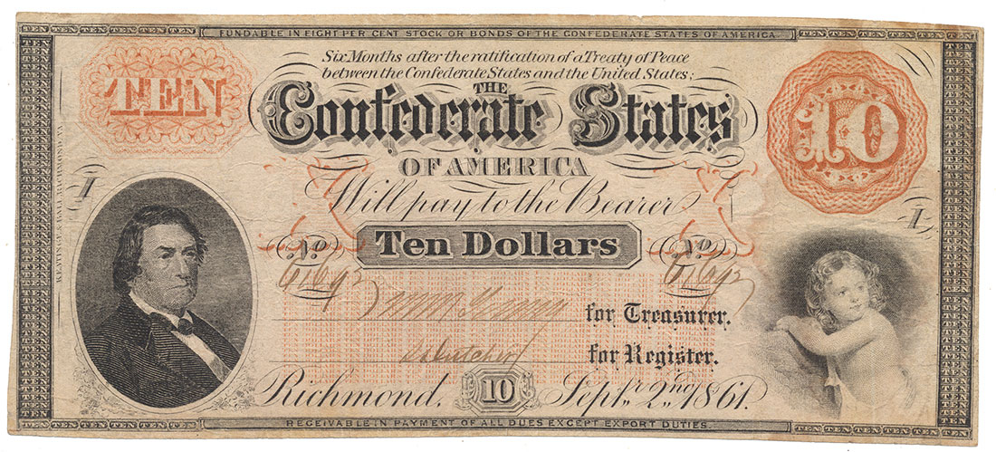 RARE T-24 1861 CONFEDERATE STATES OF AMERICA $10 NOTE