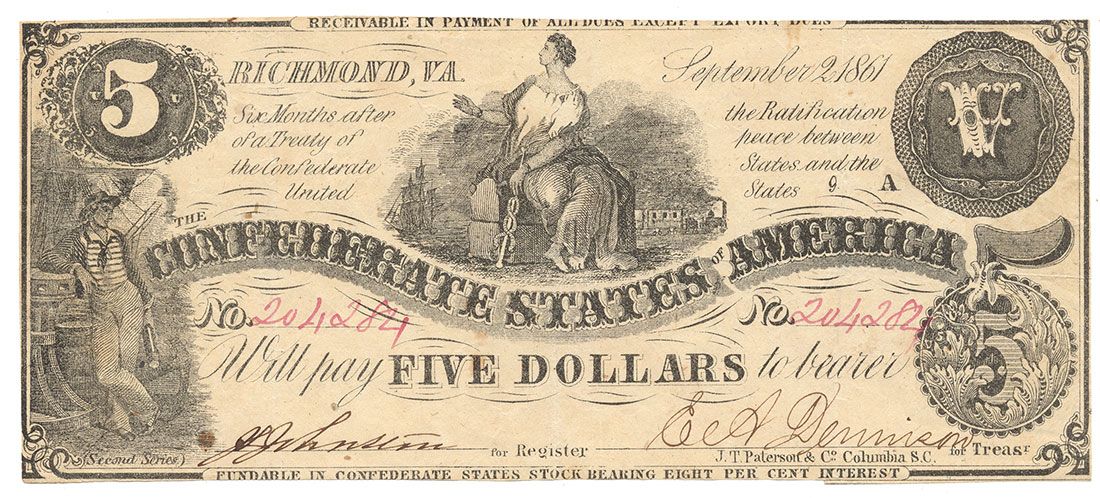 T-36 1861 CONFEDERATE STATES OF AMERICA $5 NOTE