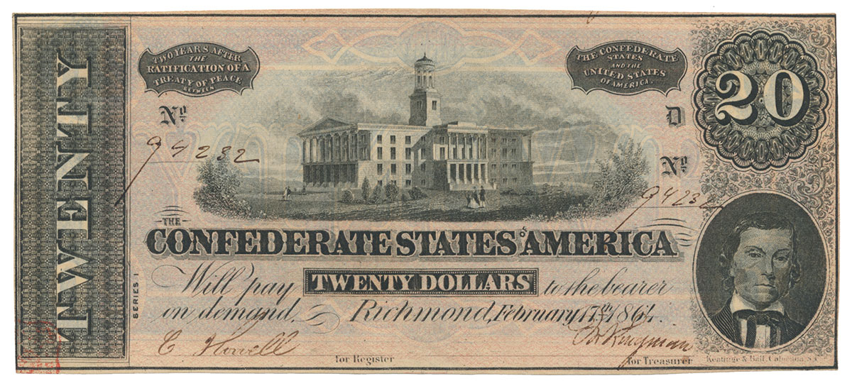 1864 CSA T-67 $20 NOTE FEATURING TENNESSEE STATE CAPITOL & ALEXANDER STEPHENS