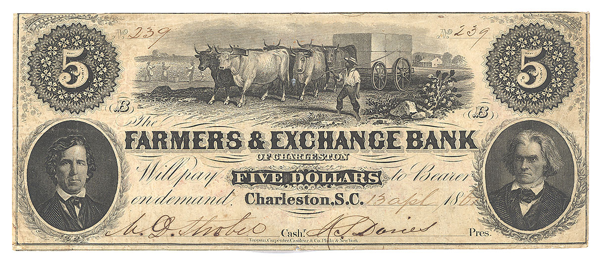 FARMERS & EXCHANGE BANK, CHARLESTON SOUTH CAROLINA $5 NOTE