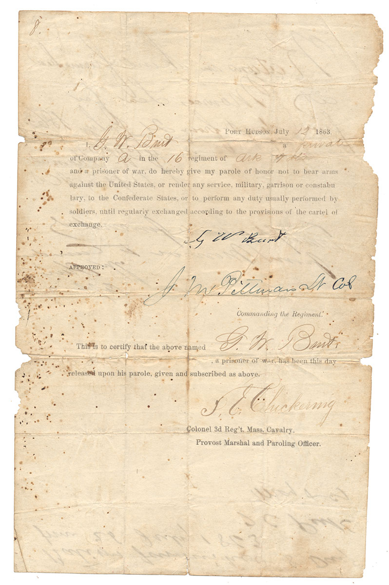 A RARE PRINTED AND FILLED IN PAROLE FOR PVT. G. W. BURT OF COMPANY A, 16TH ARKANSAS